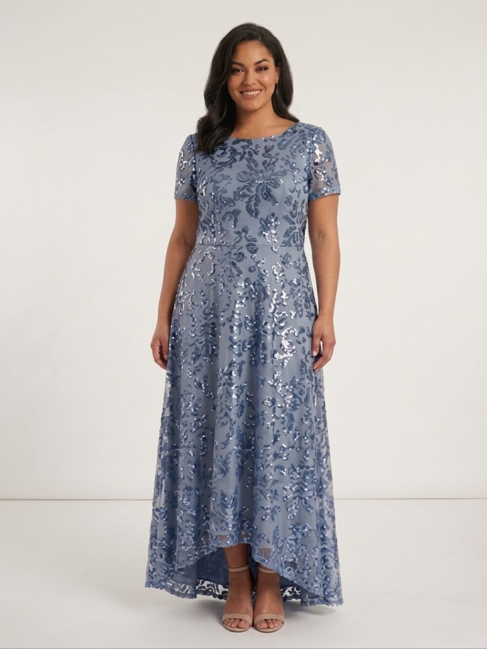 New Women's Dusty Blue Sequin Lace Evening Formal High Low Dress Size 14 - Picture 3 of 16